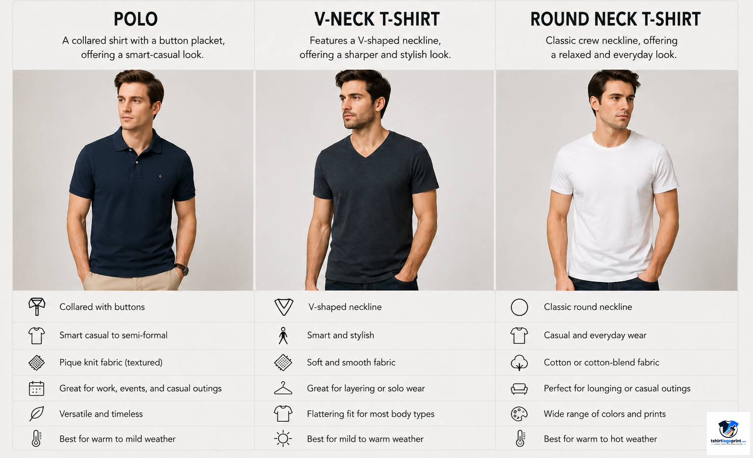 Polo vs V-Neck vs Round Neck Comparison
